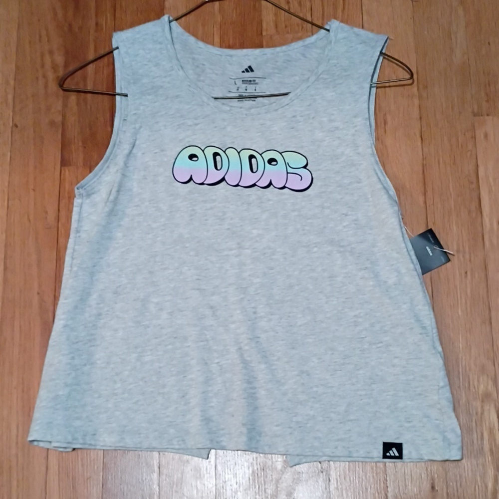 Adidas Kids Light Gray Tank Top with Pastel Logo Open Back Girls S M L Xs Nwt